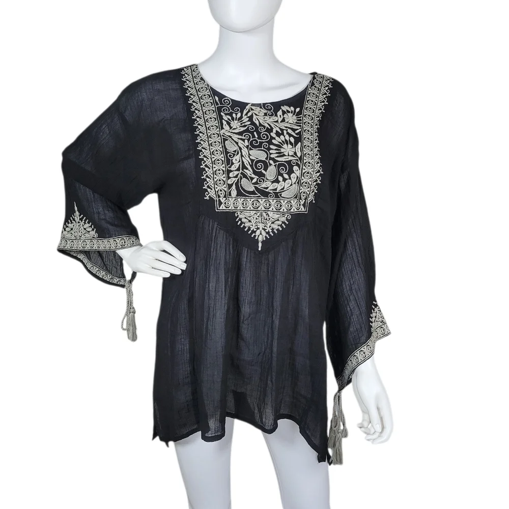 World Market Tunic Top Womens L/XL Black Embroidered Sheer Fairy Boho Indie Folk - Picture 1 of 10